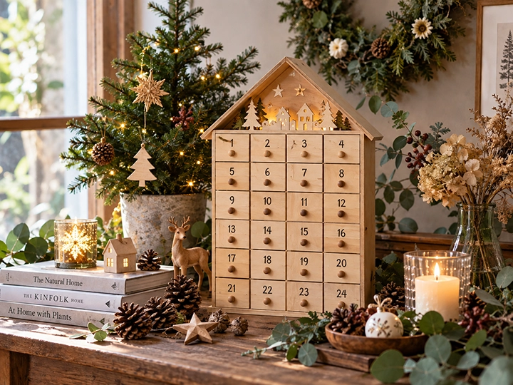 木製アドベントカレンダーとクリスマスツリー、リース、松ぼっくりを飾った冬のディスプレイ