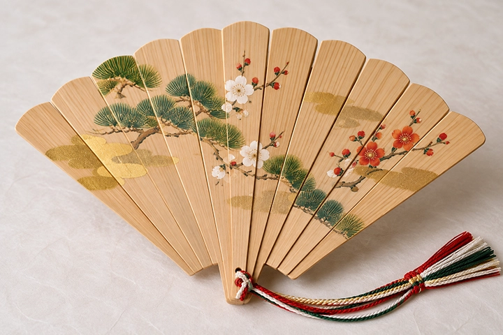 ヒノキの薄板を重ねて作られた檜扇のイメージ