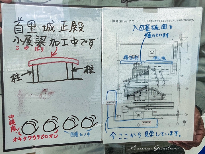 正殿の小屋梁加工中