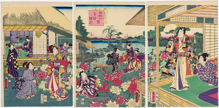 牡丹の庭で花を楽しむ人々を描いた浮世絵 牡丹の園今様源氏