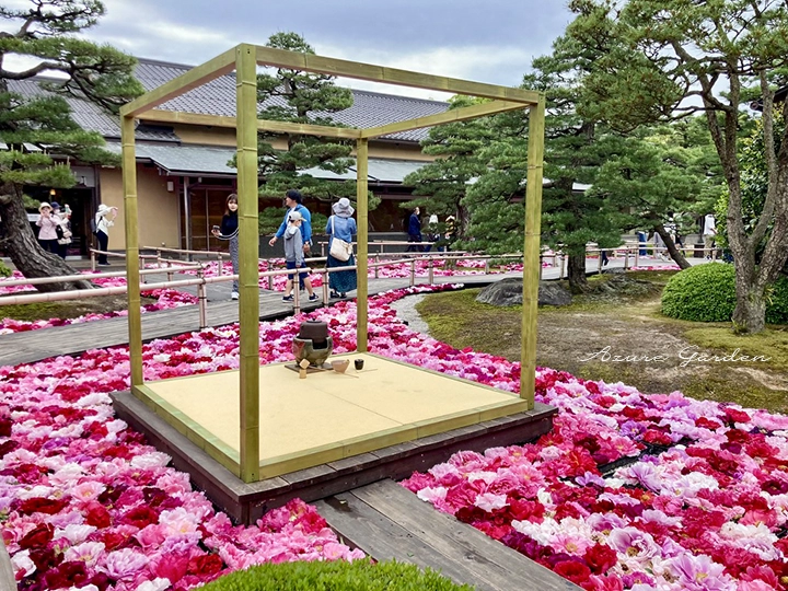 苑路一面に敷き詰められた牡丹が彩る由志園の風景