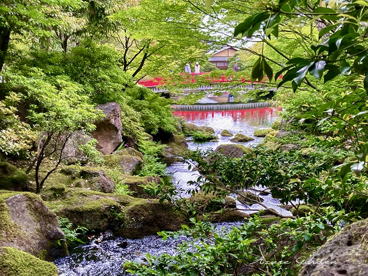 水の流れの先に赤い橋が見える由志園の庭園風景